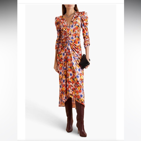 ISABEL MARANT Gilalbi ruched floral-print stretch-velvet midi dress orange US 10 - Picture 3 of 17